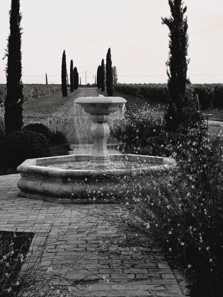 La fontaine du château illuminée à la tombée du soir, vignoble de Bordeaux